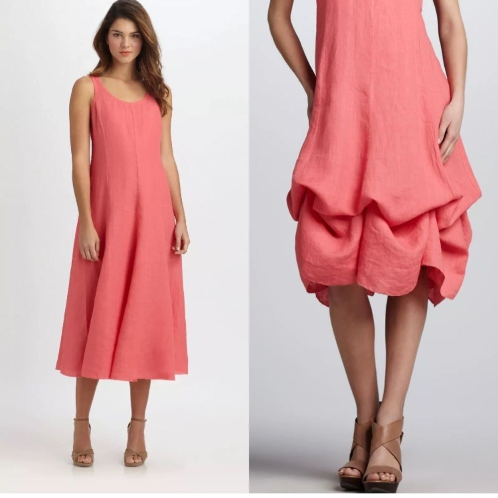 Eileen Fisher 100% Linen Sleeveless Cinchable Handkerchief Lined Midi Dress PM